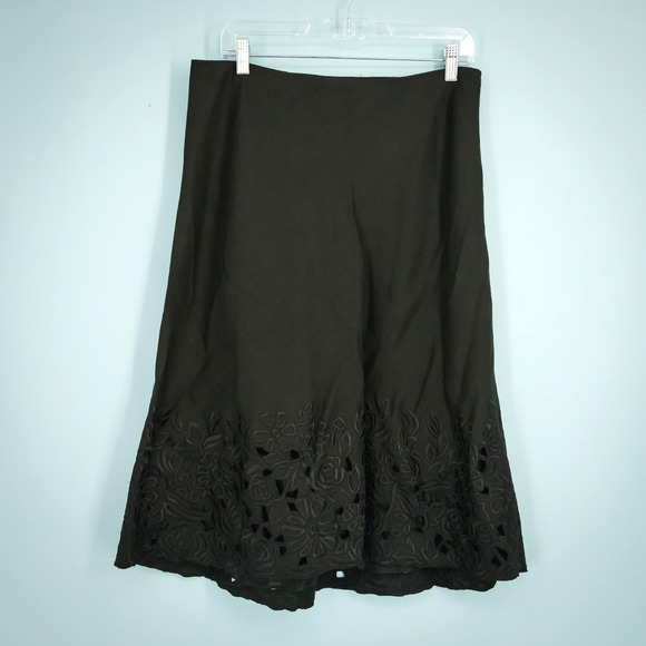 Lafayette 148 Size 12 Black Floral Eyelet Lace Embroidered Zip A Line Midi Skirt - Picture 1 of 7